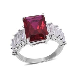Simulated Ruby and White Diamond Ring in SilverTone.